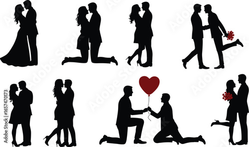 Romantic couple silhouettes, kissing, hugging, wedding, proposal, bouquet, valentine’s day, heart balloon, dating, relationship, romance, passion, affection, love celebration, togetherness