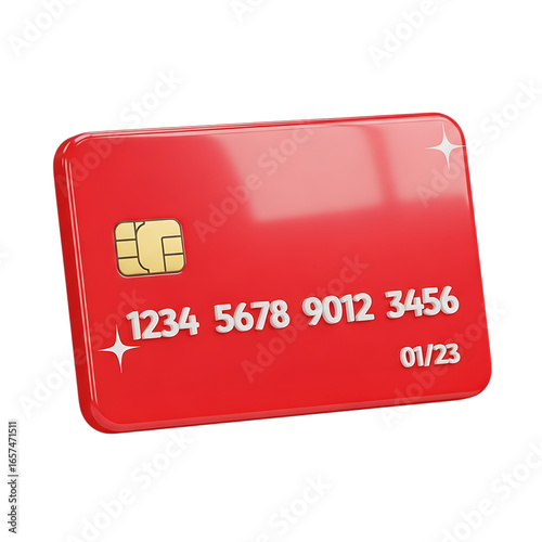 Realistic 3d rendering of a red credit card with gold chip and white numbers on a dark backdrop transparent background