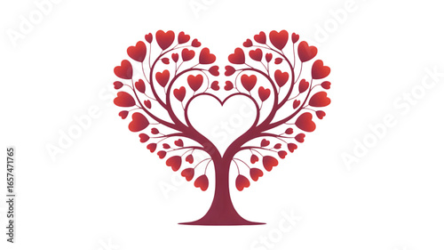 Heart tree with red leaves isolated on transparent background for valentines day card