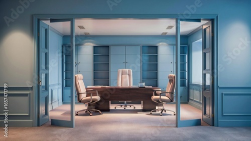 Modern executive office with glass walls and comfortable seating