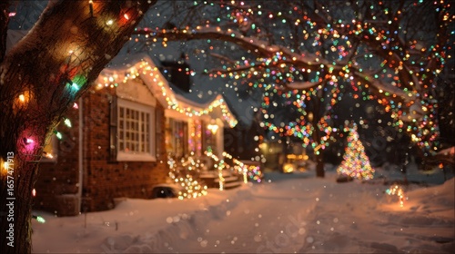 Wallpaper Mural Christmas Light Installation. Snowy Yard with Beautiful Brick Background and Colorful Christmas Lights Torontodigital.ca
