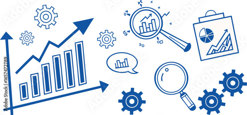 Vector art of business analysis and strategy concept with charts, gears, and magnifying glass isolated on white background
