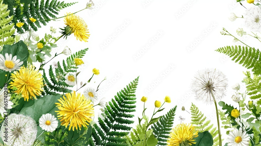 Obraz premium Dandelion Border. Delicate Meadow Frame with Dandelion and Daisy Flowers, Green Fern Leaves. Realistic Botanical Illustration for Cards and Decoration