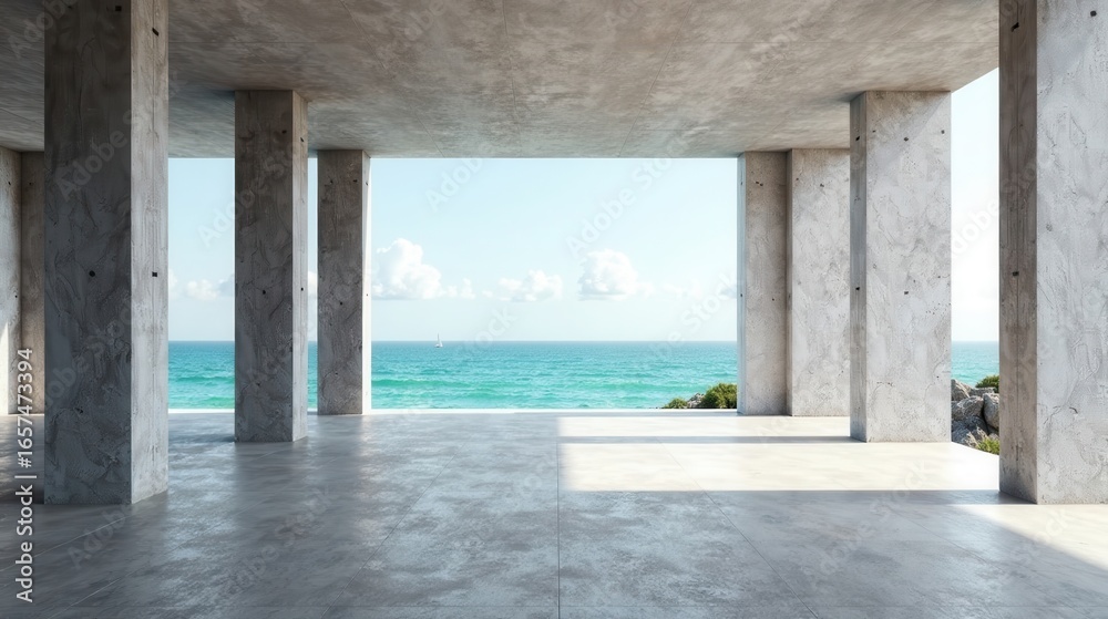 Obraz premium Serene Coastal Pavilion An Open-Air Concrete Structure with Ocean View