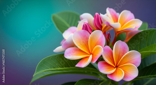 Close up tropical flowers with pastel pink, orange, and white petals against teal purple blurred background