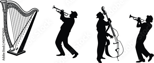 musicians playing instruments silhouette vector illustration with harp and jazz band