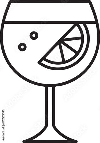 Simple outline drawing of a refreshing cocktail with a lemon slice and bubbles
