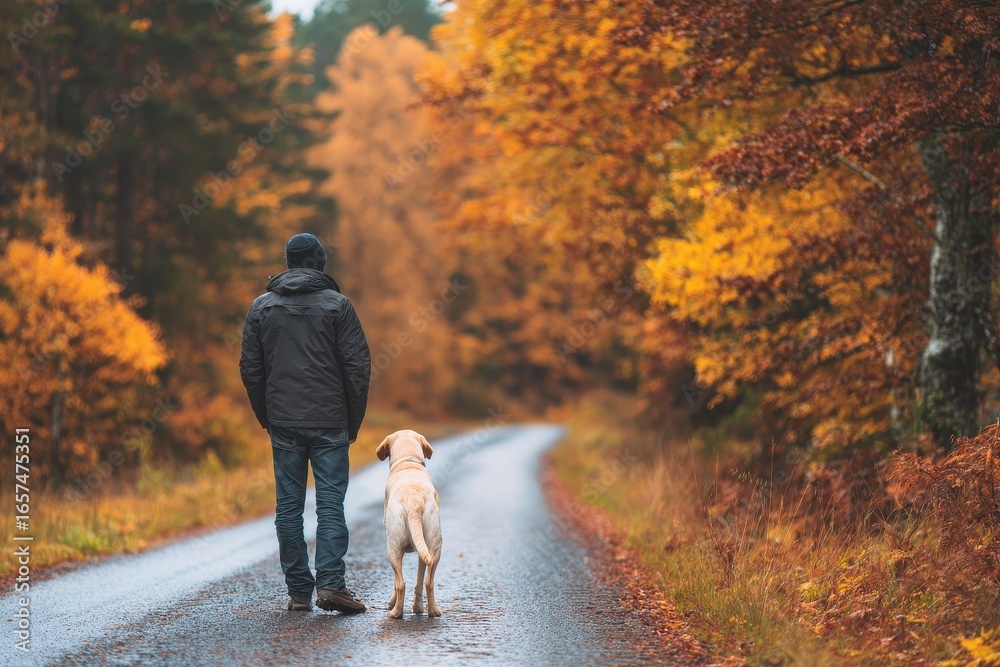 Fototapeta premium Back of a man and his labrador in fall woods