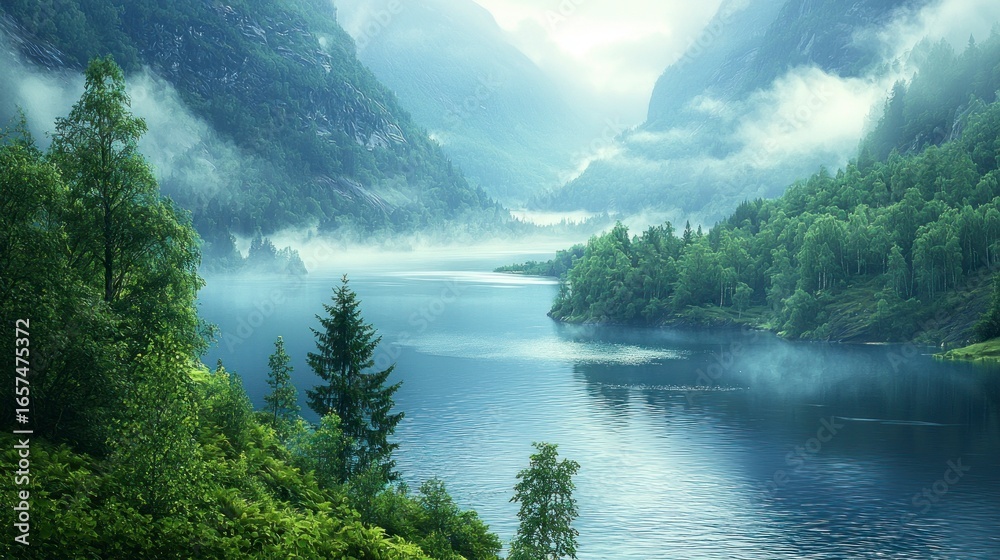 Naklejka premium Serene lake scene surrounded by lush mountains