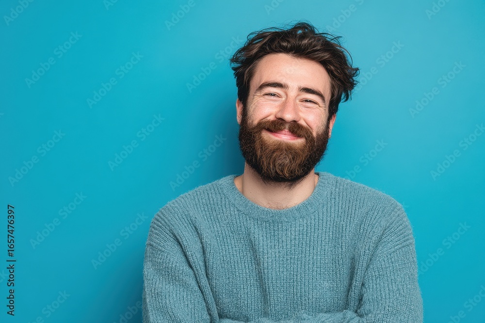 Obraz premium Bearded young man alone against a blue backdrop smiling cheerfully