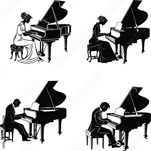 Grand Piano Player Vector Illustration of Male and Female Pianists