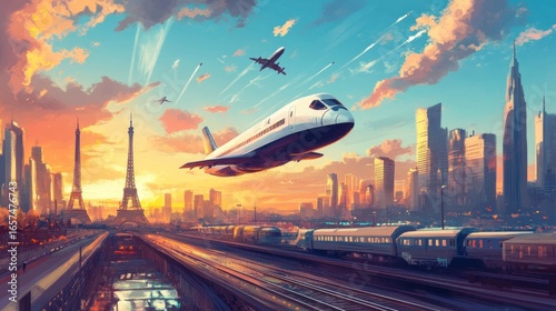 Dynamic cityscape with planes soaring above iconic architecture and railway lines