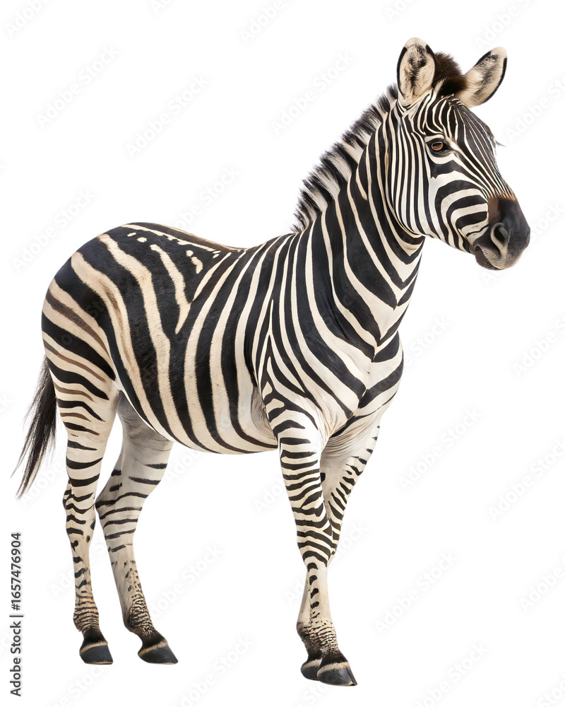Fototapeta premium Plains Zebra with Black and White Stripes Standing and Looking Forward Isolated on White Background