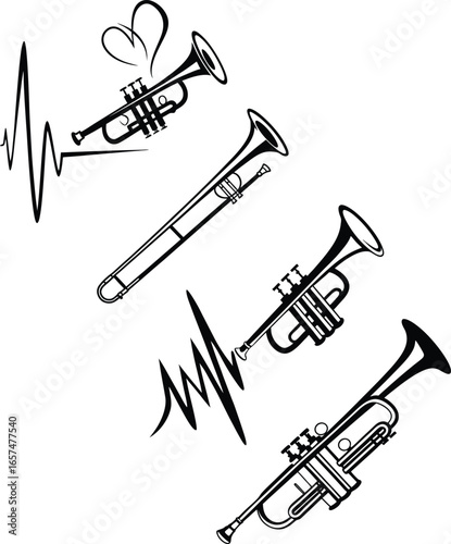 Trumpet and Trombone Brass Musical Instruments Vector Illustration Set