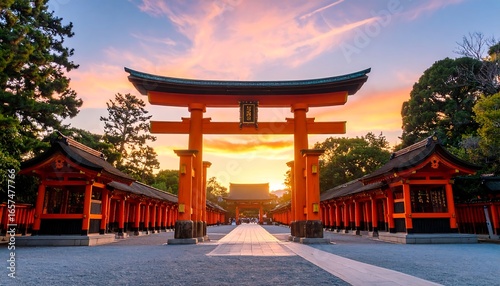 Sunrise over a traditional Japanese torii gate