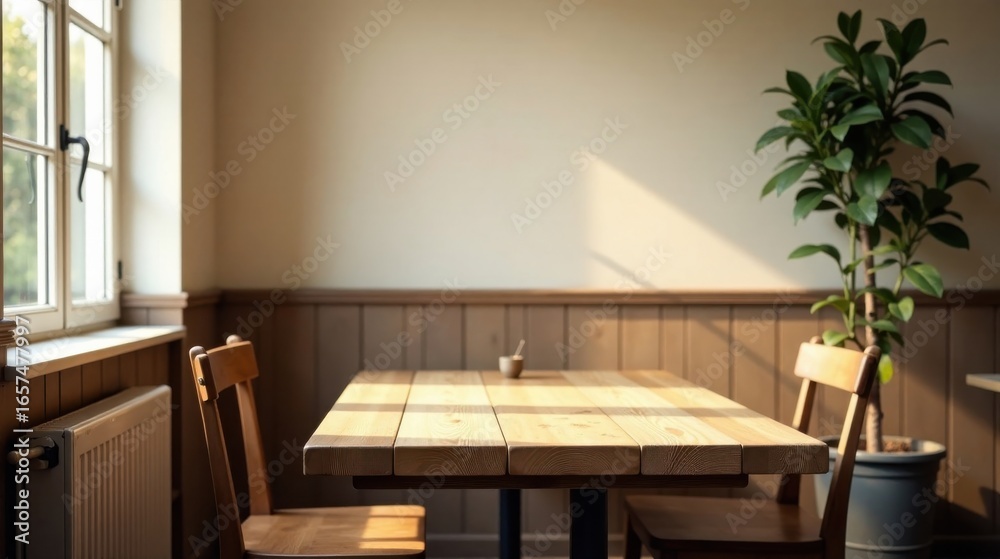 Fototapeta premium Sunlight streams through a window illuminating a simple wooden table with two chairs and a potted plant, creating a peaceful and inviting atmosphere.