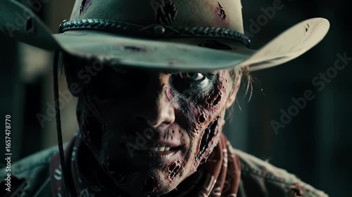 A close-up of a terrifying zombie cowboy wearing a tattered hat and bandana, with a menacing stare.