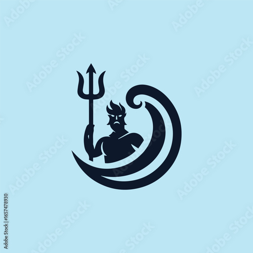Poseidon God Logo with trident and waves.