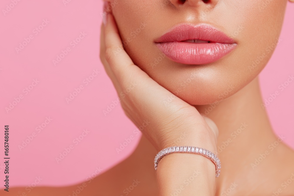 Obraz premium Close up image of a girl with her hand on her face displaying a shiny diamond bracelet against a pink background