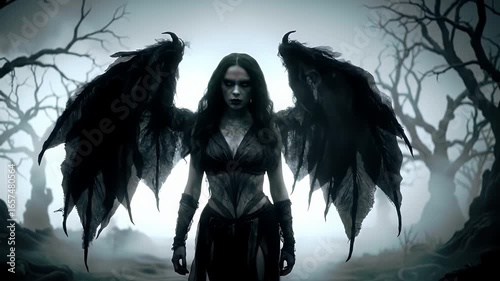 Dark Angel with black wings in a spooky forest, fantasy portrait.