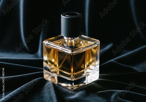 Luxury perfume bottle on a black silk background
