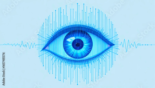 A digital representation of an eye with blue lines and a sound wave on a light blue background