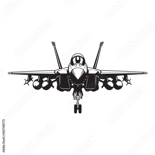 black and white silhouette of a fighter jet on a white background