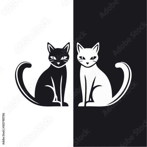 Two minimalist cat icons on a split black and white background, representing duality and balance