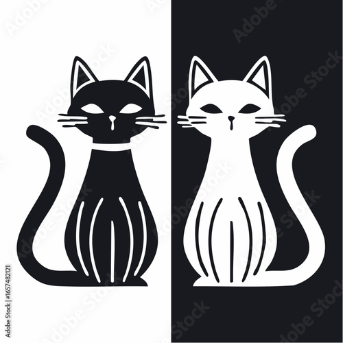 Symmetrical duo of minimalist cat icons in a contrasting black and white design, a simple horizontally arranged graphic of two feline animals.