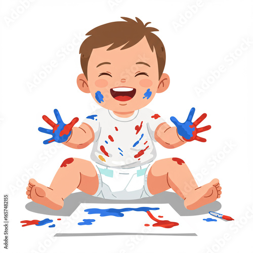 Joyful little boy's hand-drawn cartoon illustration of a smiling kid playing with a toy, capturing the happiness and fun of childhood