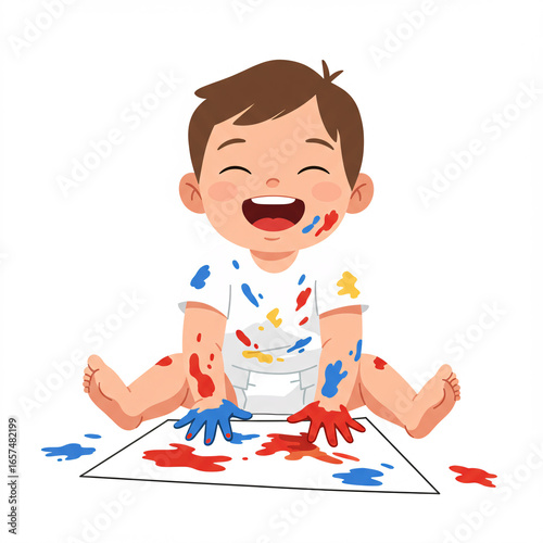 A happy little boy with a book and a toy airplane is painting and drawing for fun