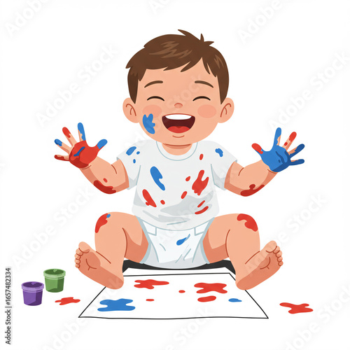 A creative little boy plays with paints, making a colorful drawing on paper at a table