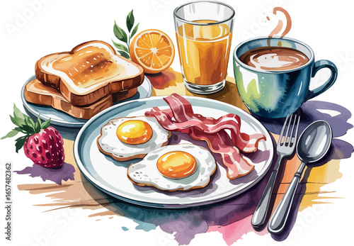 a classic breakfast spread featuring two fried eggs, crispy bacon, golden toast, a glass of orange juice, and a steaming mug of coffee. 