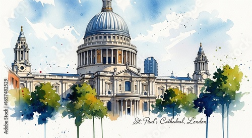 Digital painting of a view of the modern structure and landmark of St. Paul's Cathedral in watercolor style and text for display, wallpaper and more