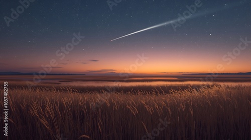 Beautiful night landscape with a glowing meteor streaking across the sky above golden fields and a calm lake at sunset, creating a surreal and dreamy cosmic atmosphere for backgrounds and art