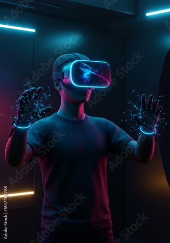 Cinematic Shot of a Person Immersed in Virtual Reality Gaming, Wearing VR Headset and Haptic Gloves in a Neon-Lit Futuristic World