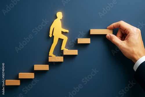 Businessman silhouette stepping up wooden blocks with assistance on dark blue background, symbolizing career growth and success concept.