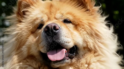 Light Brown Chow Chow Dog Close Up with Tongue Sticking Out on Sunny Daylight Outdoors
