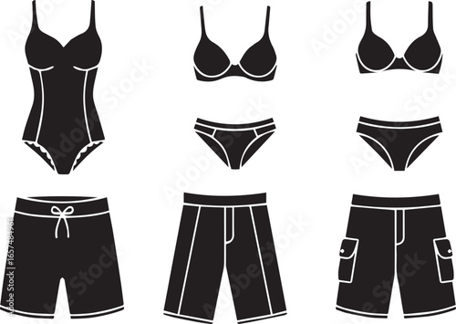 Swimsuits and swim trunks silhouette on white background