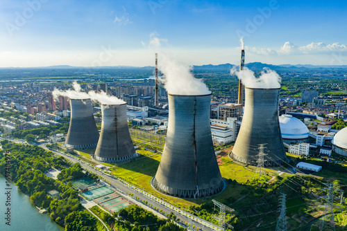 Thermal power plant under blue sky and white clouds