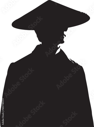 A black silhouette of a man wearing 1800s asian fashion man traditional Asian conical hat, possibly a farmer or monk, facing forward against a white background.