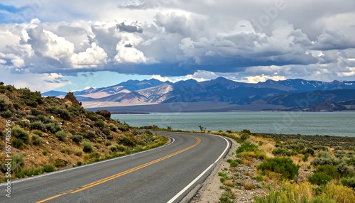 Scenic drive along Mono Lake with dramatic clouds and the Sierra Nevada backdrop captures the