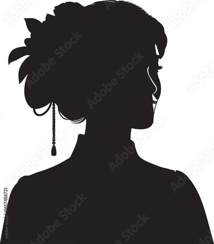 A black silhouette of a woman, seen from behind, with her hair styled in an elaborate updo adorned with a flower, and she appears to be wearing 1800s asian fashion woman traditional kimono.