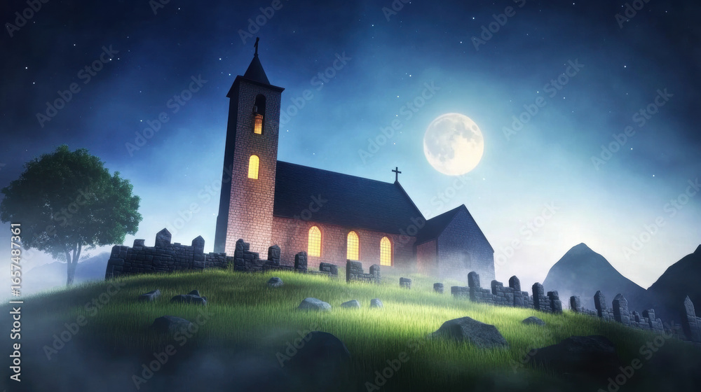 Naklejka premium Serene church with glowing windows stands on grassy hill surrounded by stone fence, under starry night sky illuminated by full moon and drifting fog