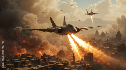 Military aircraft flying over burning city launching rockets during air strike