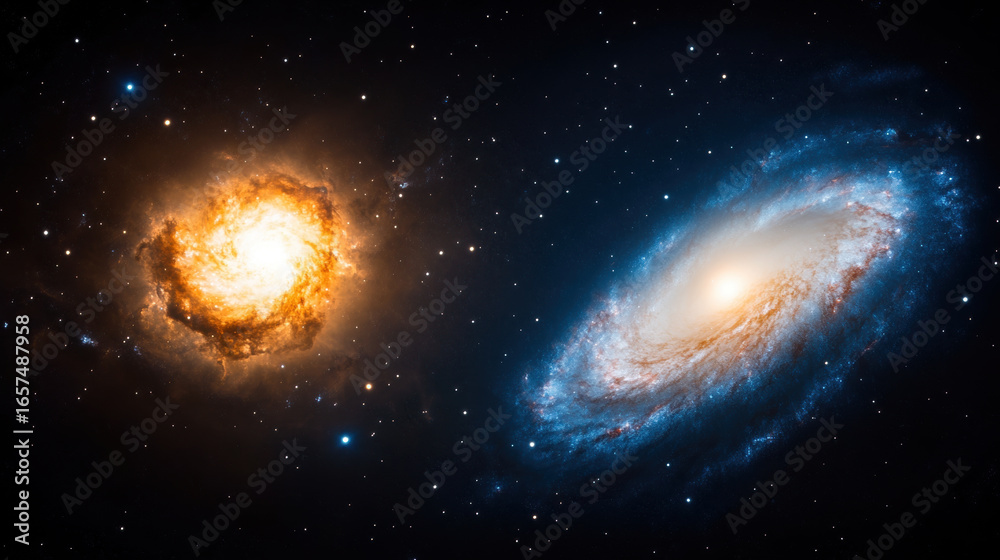 Fototapeta premium Vibrant cosmic scene featuring fiery orange nebula and bright blue spiral galaxy surrounded by countless stars, evoking sense of wonder and vastness