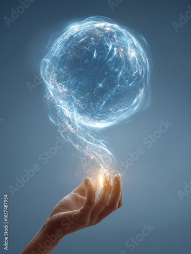 Hand holds ethereal blue orb