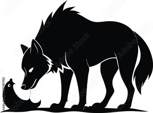 Black silhouette of a wolf leaning down to eat a small seal on a white background canine animal