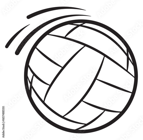 Black and white simple vector illustration of a dynamic volleyball ball in motion.