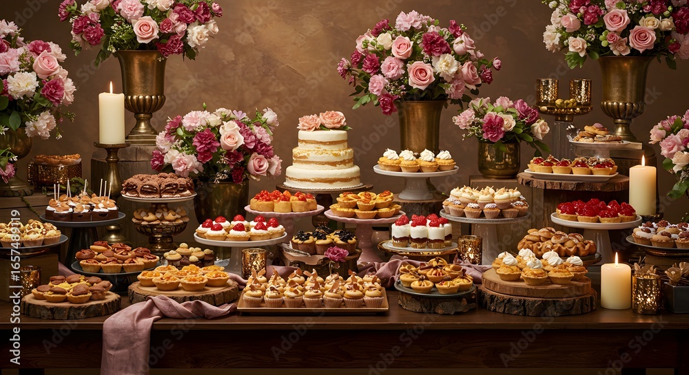 Fototapeta premium Dessert display with cakes and pastries